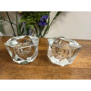 Vintage Faceted Clear Glass Candle Holders Pair Geometric Cut Design Table Décor